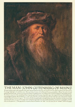 Item #63-6173 Gutenberg : a reproduction of a portrait in oils by Henry Raschen after the original (artist unknown) in the Art Museum at Munich. : Together with a replica page from the Mazarin or forty-two line Bible, these comprising what is to be called the Gutenberg keepsake. Henry Raschen, John Henry Nash, Zellerbach Paper Company, American Institute of Graphic Arts.