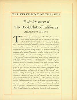 Item #63-6182 The Testimony of the Suns. To the members of The Book Club of California. Facsimile...