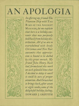 Item #63-6329 An Apologia. John Henry Nash, Howard J. Griffith, printer