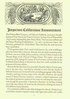 Item #63-6335 Important Californiana Announcement: The Annals of Trinity County. (This is the Prospectus for a book, not the book itself). Nell O'Day, George Fields Book Store, John Henry Nash, San Francisco, printer.