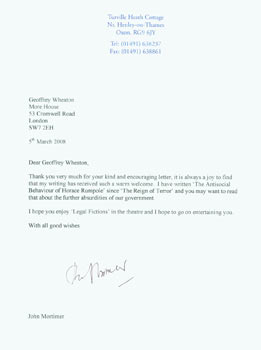 Item #63-6440 ALS John Mortimer to Rev. Geoff Wheaton, 5th March, 2008. John Mortimer was author...