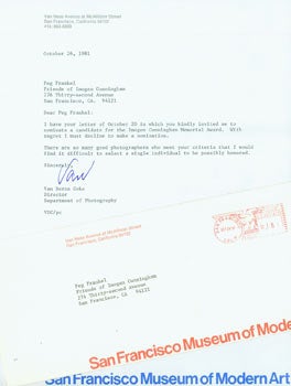 Item #63-6470 TLS Van Deren Coke to Peg Frankel (on October 26, 1981. Van Deren Coke, Peg Frankel, Friends Of Imogen Cunningham.