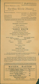Item #63-6480 Snow White And The Seven Dwarfs. Programme. Premiere Engagement. Walt Disney's...