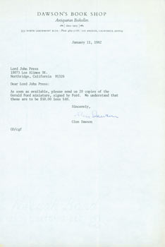 Item #63-6501 TLS Glen Dawson (Dawson's Book Shop) to Herb Yellin, January 11, 1982. Discussion of Gerald Ford miniature. Glen Dawson, Dawson's Book Shop.