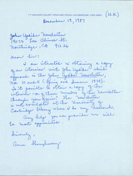 Item #63-6508 ALS Anne Shaughnessy to John Updike Newsletter, December 19, 1987. RE: John Updike....