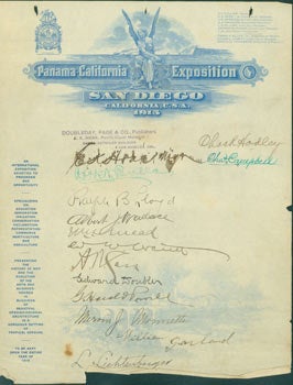 Item #63-6510 Panama-California Exposition, San Diego, California, 1915. Official Letterhead Signed by dignitaries and important citizens. Panama-California Exposition, Pacific Coast Manager E. K. Hoak, Page, Doubleday, Co. Publishers, Chas. R. Hodley, Robert N. Bulla, Charles Campbell, Ralph B. Lloyd, Albert Wallace, Edward Doubler A. N. Jess, G. Harold Powell, Mervin J. Monette, William Garland, L. Lichtenberger, San Diego.