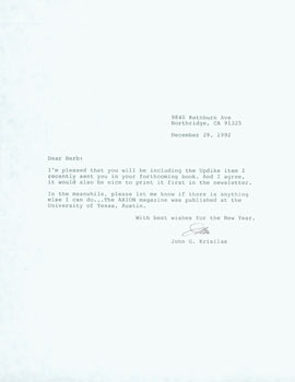 Item #63-6522 TLS John G. Krisilas to Herb Yellin, December 29, 1992. RE: Updike, Arion (UT Austin). John G. Krisilas.