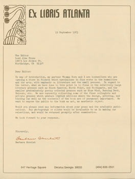 Item #63-6526 TLS Barbara Abrelat to Herb Yellin, September 19, 1983. RE: small presses such as...