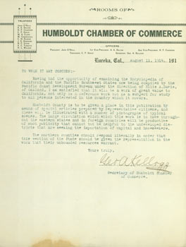 Item #63-6533 TLS George A. Kellogg, Humboldt Chamber Of Commerce, August 11, 1914 RE:...