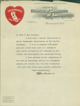 S. Glen Andrus, Secretary-Manager, Chamber of Commerce of Sacramento - Tls S. Glen Andrus to Ellis A. Davis. Re: Commercial Encyclopedia of the Pacific Southwest