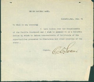 Item #63-6550 TLS C. D. Swan to Ellis A. Davis. Re: Commercial Encyclopedia of the Pacific...