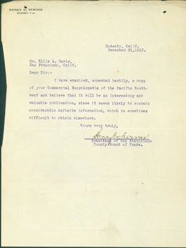 TLS Henry G. Turner to Ellis A. Davis. Re: Commercial Encyclopedia of the Pacific Southwest. President of Henry G. Turner.