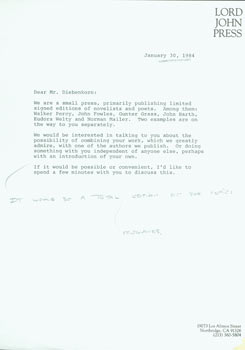 Item #63-6573 Draft of letter with MS notes, Herb Yellin to Richard Diebenkorn, January 30, 1984....