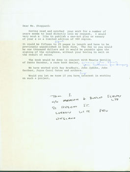 Item #63-6575 Draft of letter with MS notes, Herb Yellin to Tom Stoppard. Herb Yellin