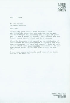 Item #63-6582 Drafts of letter by Herb Yellin to Tom Cruise. RE: Yellin trying arrange to pose...