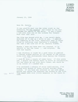 Item #63-6586 Draft of TLS with MS corrections, Herb Yellin to Robert Duvall, January 23, 1998....
