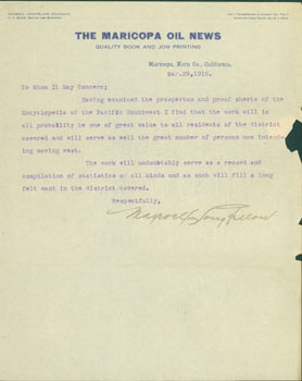 Item #63-6592 TLS Maxwell Longfellow, Maricopa Oil News, March 29, 1918. RE: Ellis A. Davis'...