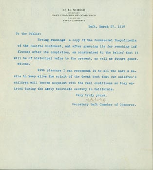 Item #63-6593 TLS C. G. Noble, Taft Chamber of Commerce, March 27, 1918. RE: Ellis A. Davis'...