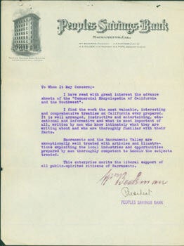 Item #63-6599 TLS William Beckman, Peoples Savings Bank. RE: Ellis A. Davis' Commercial...