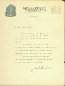Item #63-6606 TLS J. F. Sartori, Security Trust & Savings Bank. Re: Commercial Encyclopedia of...