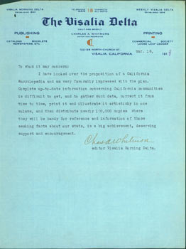 Item #63-6614 TLS Charles A. Whitmore, The Visalia Delta. March 18, 1917. Re: Commercial...