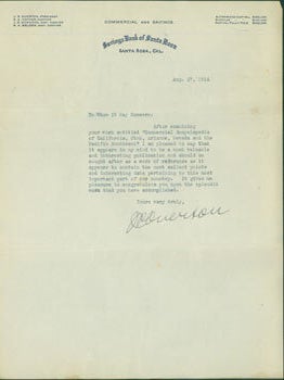 Item #63-6622 TLS J. P. Overton, Savings Bank of Santa Rosa, Aug. 27, 1914. Re: Commercial...