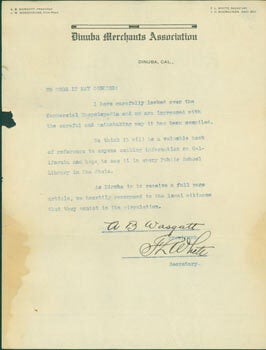 Item #63-6625 TLS A. B. Wasgatt & F. L. White, Dinuba Merchants Association. Re: Commercial...
