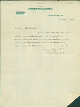 Item #63-6635 TLS C. D. Swan, Union Savings Bank, Jan. 31, 1913. Re: Commercial Encyclopedia of...