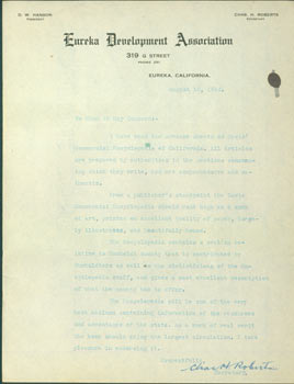 Item #63-6639 TLS Charles H. Roberts, Eureka Development Association. Aug. 12, 1914. Re:...