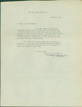 Item #63-6644 TLS M. J. Nunan, The Mail Publishing Co. Re: Commercial Encyclopedia of the Pacific...