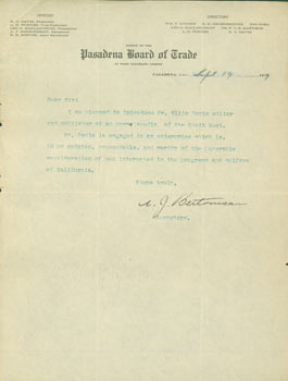 Item #63-6651 TLS A. J. Bertonneau, Pasadena Board Of Trade. September 19, 1917. Re: Commercial Encyclopedia of the Pacific Southwest. Pasadena Board Of Trade A. J. Bertonneau, CA Pasadena.