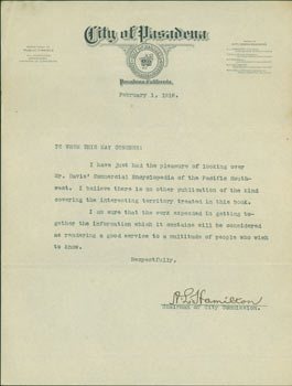 Item #63-6652 TLS A. L. Hamilton, City of Pasadena. February 1, 1918. Re: Commercial Encyclopedia...