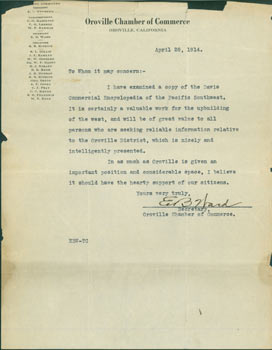 Item #63-6659 TLS E. B. Ward, Oroville Chamber of Commerce, April 28, 1914. Re: Commercial...