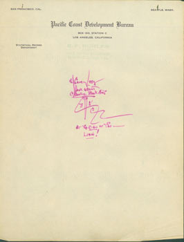 Item #63-6669 Autographs from noteworthy Californians on Pacific Coast Development Bureau letterhead. RE: Commercial Encyclopedia of the Pacific Southwest by Ellis A. Davis. Pacific Coast Development Bureau, E. F. Buhles, J. Casey, Cherokee Book Shop Book Agent.