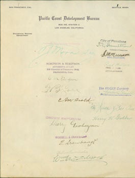 Item #63-6670 Autographs from noteworthy Californians on Pacific Coast Development Bureau...
