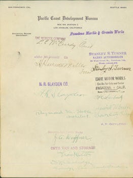 Item #63-6677 Autographs from noteworthy Californians on Pacific Coast Development Bureau...