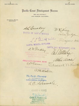 Item #63-6678 Autographs from noteworthy Californians on Pacific Coast Development Bureau...