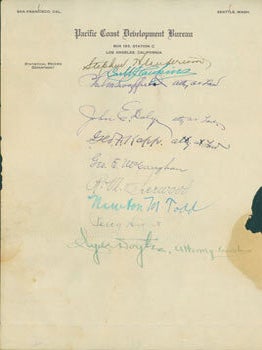 Item #63-6686 Autographs from noteworthy Californians on Pacific Coast Development Bureau...