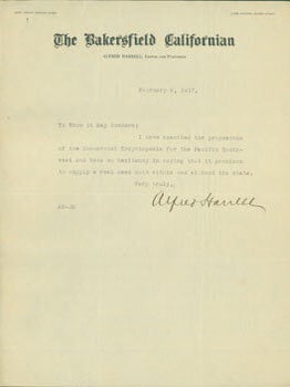 Item #63-6690 TLS Alfred Harrell (The Bakersfield Californian). February 5, 1917. Re: Commercial...