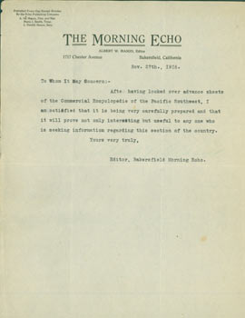 Item #63-6691 TLS Albert W. Mason (The Morning Echo). November 27, 1916. Re: Commercial Encyclopedia of the Pacific Southwest. Albert W. Mason, The Morning Echo.