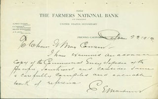 Item #63-6692 TLS E. E. Manheim (Farmers National Bank of Fresno). Jan. 23, 1913. Re: Commercial...