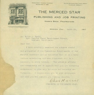 Item #63-6697 TLS Charles Harris (The Merced Star). April 29, 1914. Re: Commercial Encyclopedia...
