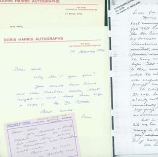 Item #63-6699 TLS, ALS and hand written signed postcard Doris Harris to Herb Yellin, along with...