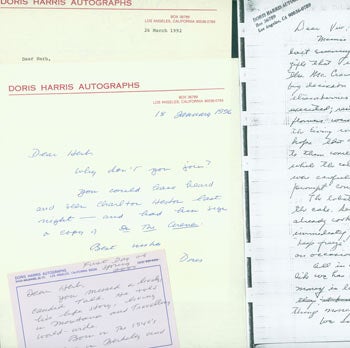 Item #63-6699 TLS, ALS and hand written signed postcard Doris Harris to Herb Yellin, along with photocopy of ALS to Mrs. Viv McCracken, 1965. Doris Harris, Doris Harris Autographs.