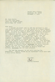 Item #63-6701 TLS Charles Michaud to Herb Yellin, November 7, 1994. RE: John Updike. Charles Michaud