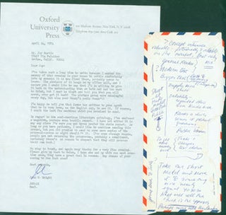 Item #63-6726 TLS John W. Wright to Jay Martin, April 24, 1974. Includes envelope with copious...