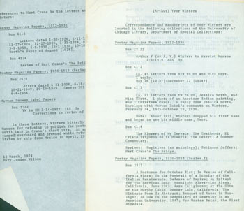 Item #63-6727 (Arthur) Yvor Winters. Correspondence and manuscripts of Yvor Winters are located in the following collections of the University of Chicago Library, Department of Special Collections. Mary Janzen Wilson, University of Chicago Library Department of Special Collections.