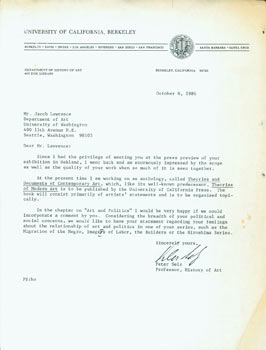 Item #63-6732 Copy of TLS Peter Selz to noted Artist and Educator Jacob Lawrence, October 6,...