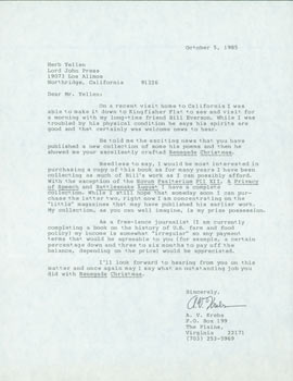 Item #63-6853 TLS A. V. Krebs to Herb Yellin, October 5, 1985. RE: Bill Everson. A. V. Krebs