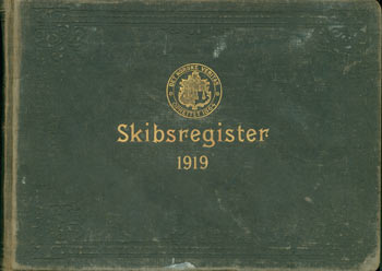 Item #63-6856 Skibsregister 1919. Particulars of all Scandinavian vessels of 100 tons and above. Includes details of ships, including cargo, size & weight of ships, departure and arrival times hand-stamped in columns and other shipping information. Hovedkontor Det Norske Veritas.
